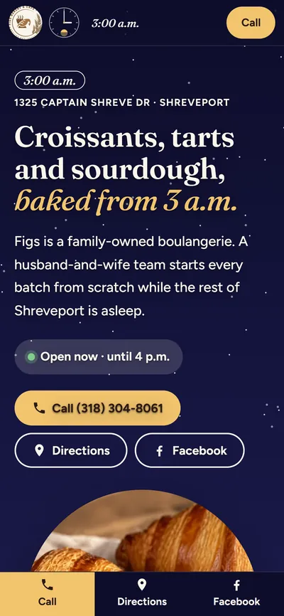 Figs Bakery demo on a phone: a starry night sky at 3:00 a.m. and “Croissants, tarts and sourdough, baked from 3 a.m.”