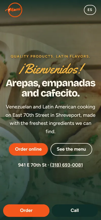 Miami Latin Kitchen demo on a phone: “¡Bienvenidos! Arepas, empanadas and cafecito.” over a photo of empanadas, with Order online and See the menu buttons.